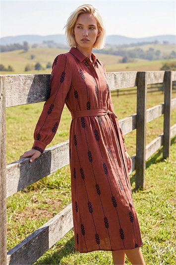 Red Embroidered Belted Midi Dress