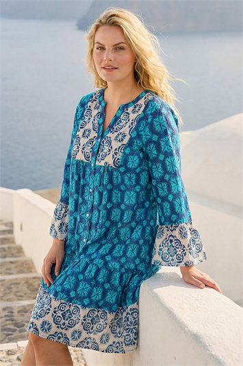 Blue Curve Contrast Print V-Neck Midi Dress