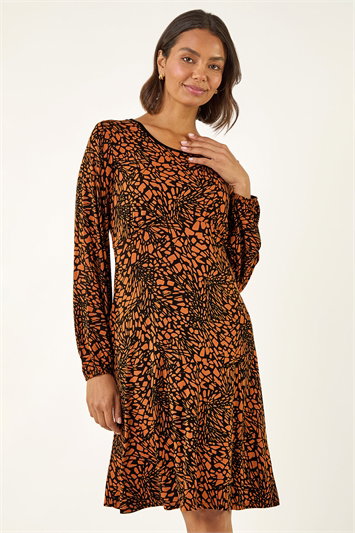 Brown Abstract Print Gathered Stretch Dress