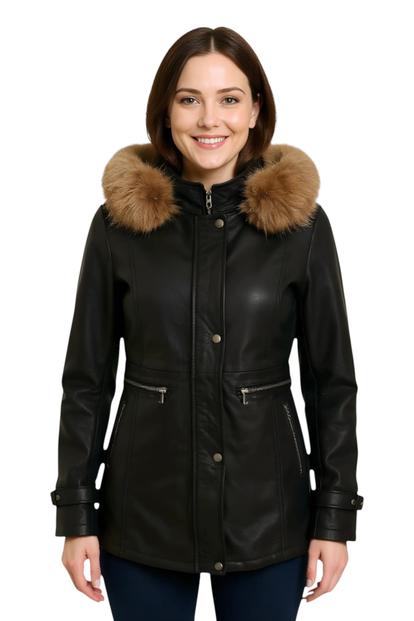Red Leather Hooded Parka Jacket-Charleville