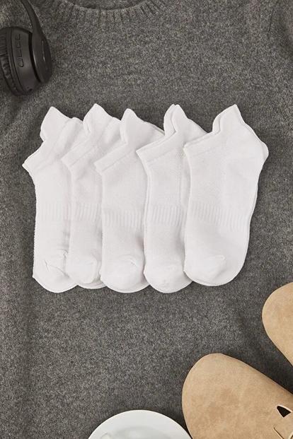White 5 Pack Cotton Knit Sports Ankle Socks