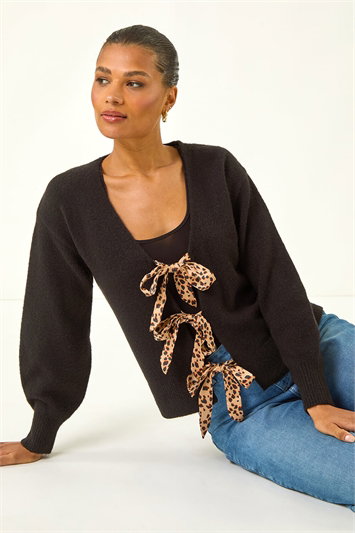 Black Animal Tie Front Knit Cardigan