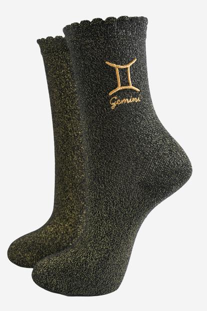 Black Embroiderd Gemini Zodiac Glitter Socks