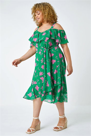 Curve Floral Cold Shoulder Chiffon Frill Dress 14377934
