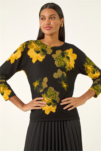 Black Sparkly Floral Print Knit Jumper