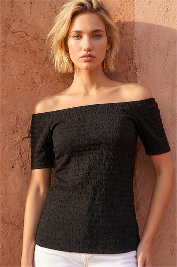Black Textured Bardot Stretch Top