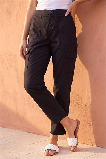 Black Casual Elastic Waist Cargo Stretch Trousers