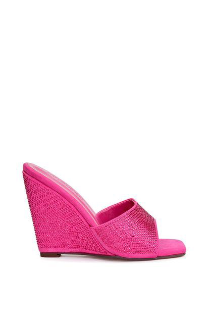 Pink 'Peggie' Slip On Wedge Heel Rhinestones Slip On Mules
