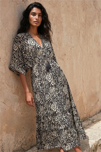 Black Boho Floral Print V-Neck Maxi Dress