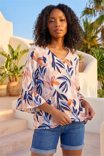 Orange Leaf Print Flared Sleeve Top