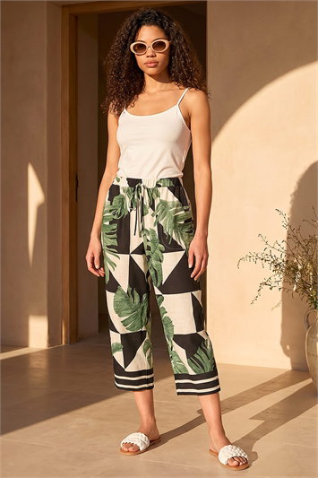 Green Petite Leaf Print Culotte Trouser