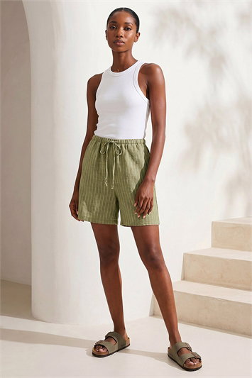 Green Petite Stripe Drawstring Shorts