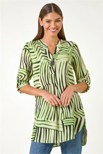 Green Abstract Linear Print V-Neck Button Top