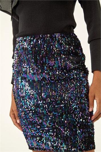 Blue Sequin Embellished Velour Stretch Skirt