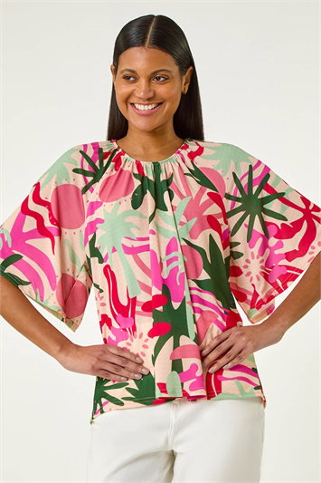 Pink Printed Raglan Sleeve Stretch Top