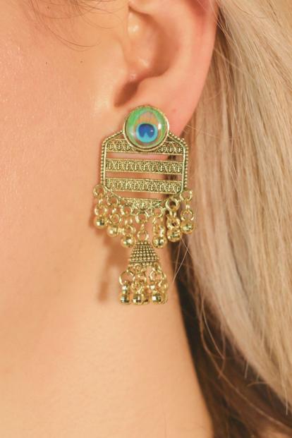 Metallic Peacock Indian Boho Oxidised Drop Ethnic Dome Jhumka Earring