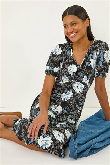 Blue Floral Print V-Neck Stretch Midi Dress