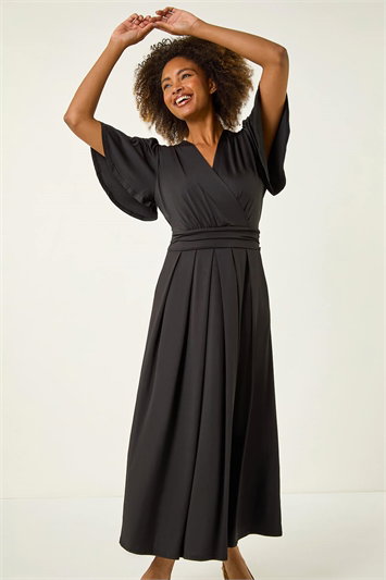 Black Tie Back V-Neck Stretch Midi Dress