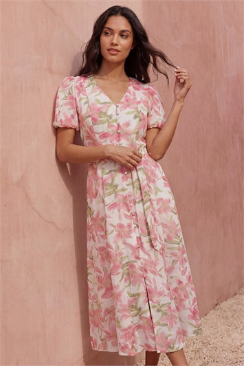 Floral Print Puff Sleeve Midi Dress 14890772