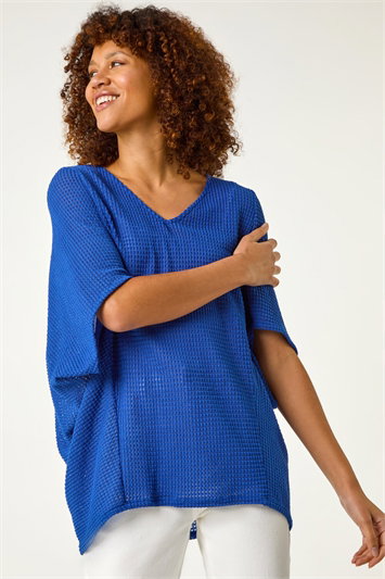Blue Textured V-Neck Cocoon Stretch Top