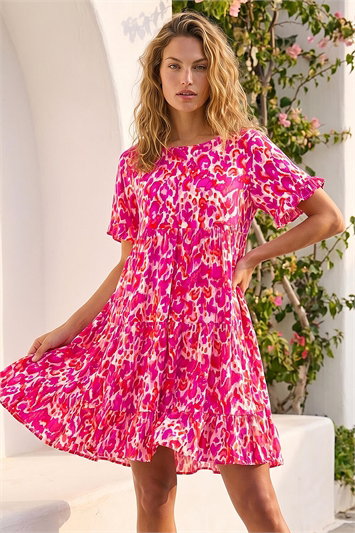 Pink Abstract Print Tiered Smock Dress