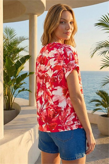 Floral Print Notch Neck T-Shirt 19446578