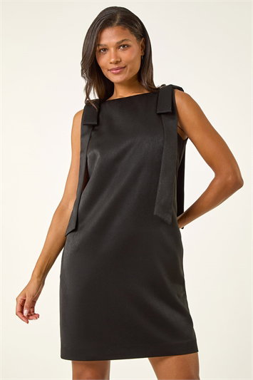 Black Satin Bow Detail Shift Dress