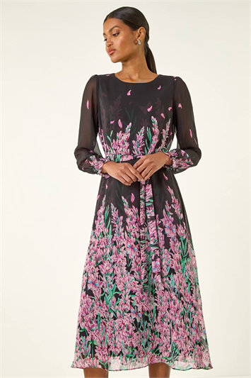 Pink Floral Border Print Belted Midi Dress