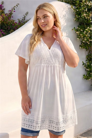 White Curve Lace Trim Stretch Top