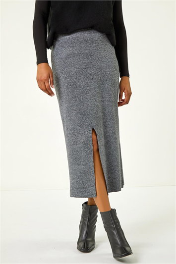 Grey Front Split Knitted Midi Skirt