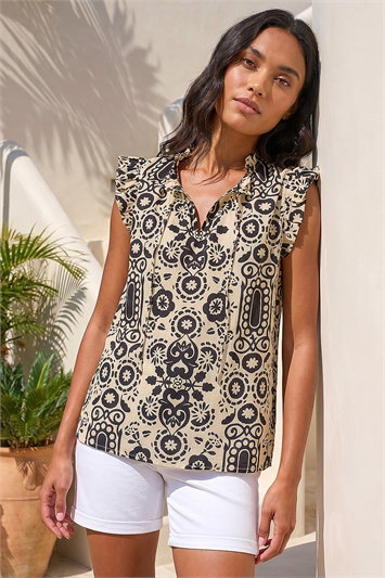 Black Mono Printed Frill Sleeve Top