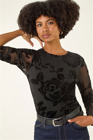 Black Textured Velvet Stretch Top