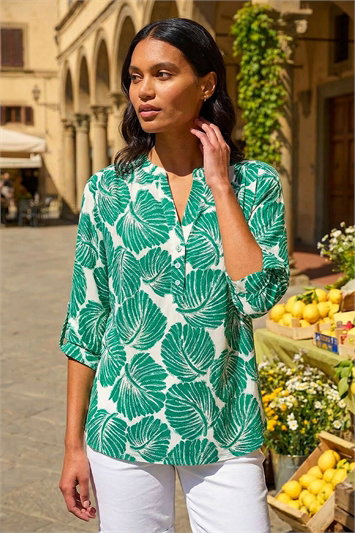 Green Leaf Print Shoulder Pleat Shirt