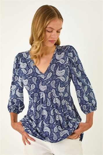 Blue Paisley Print V-Neck Stretch Top