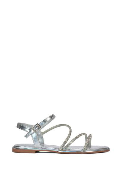 Black 'Talitha' Strappy Flat Sandals With Embellished Diamantes
