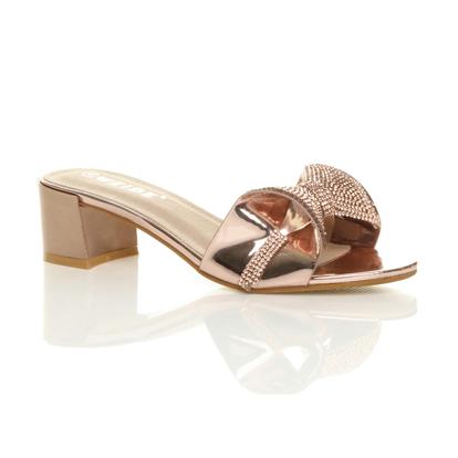 Black Mid Block Heel Diamante Bow Mules Sandals