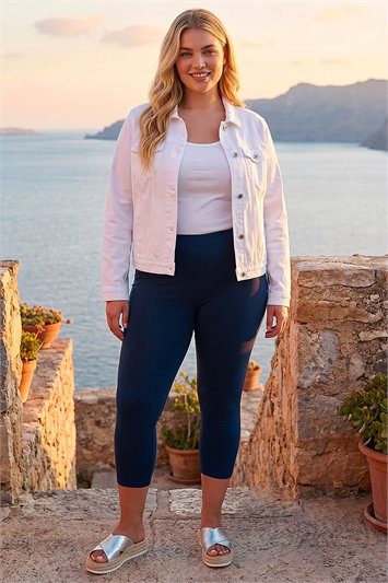 Blue Curve Plain Elastic Waist Cropped Leggings