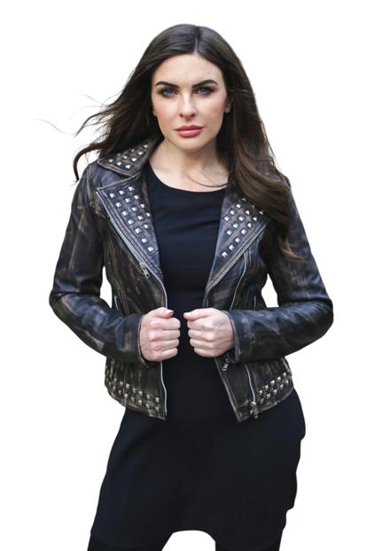 Black Gothic Biker Stud Leather Jacket -Bilbao