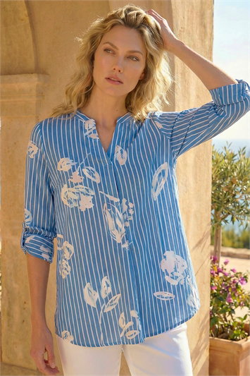 Blue Floral Stripe Pleated Top