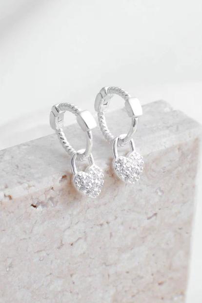 Metallic Sterling Silver Cz Heart Huggie Hoop Earrings