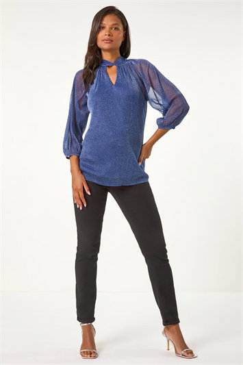 Twist Neck Glitter Mesh Top 19361809