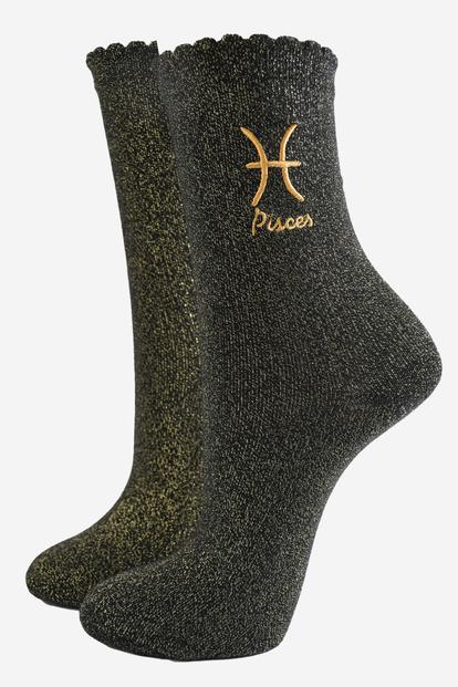 Black Embroiderd Pisces Zodiac Glitter Socks