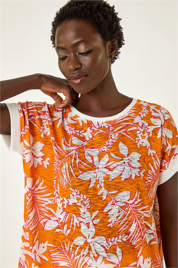 Orange Floral Print Sparkly Stretch Top