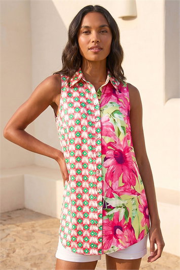 Pink Abstract Floral Print Longline Shirt