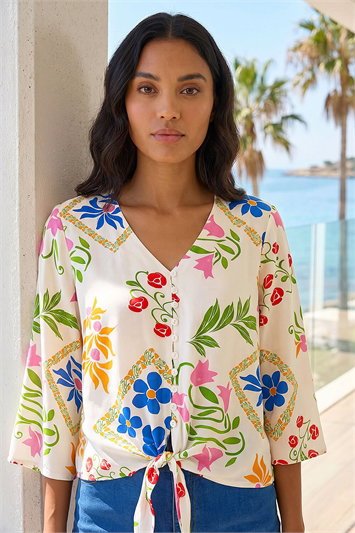 White Floral Tie Front Blouse