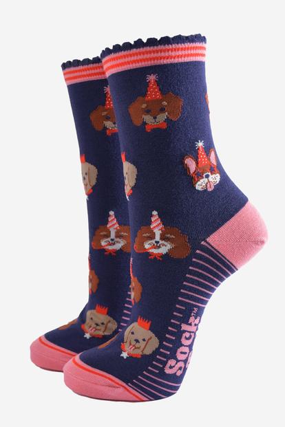 Blue Funny Dogs Christmas Party Bamboo Socks