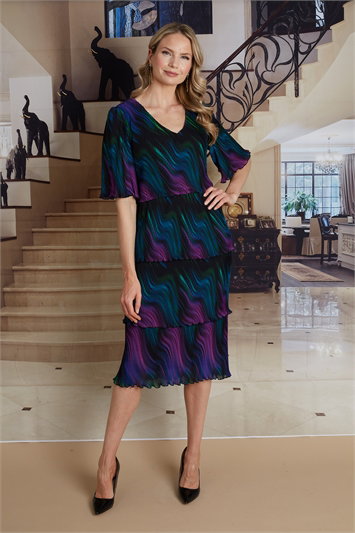 Black Julianna Printed Tiered Pleated Dress