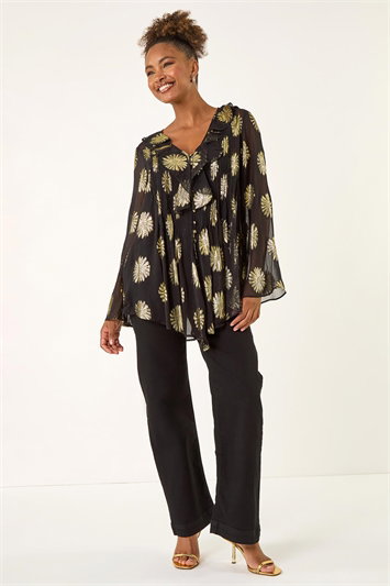 Floral Jacquard Frill Buttoned Blouse 10215908