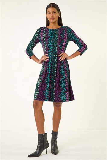 Blue Animal Print Panel Stretch Dress