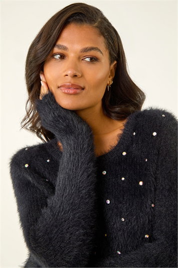 Black Embellished Fluffy Knit Jumper